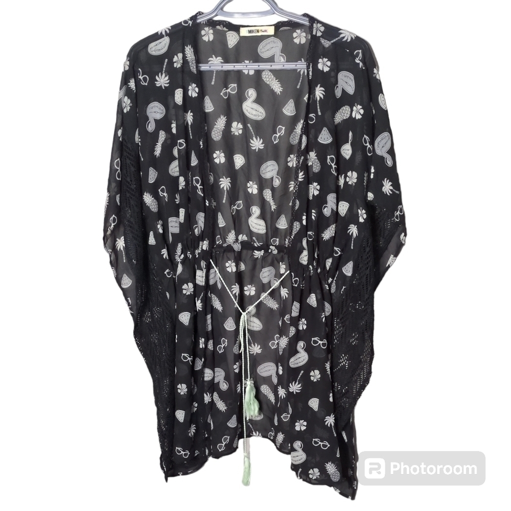 Miken Swim Black White Gray Flamingo Tropical‎ Sheer/Lace Cover Up Size Large